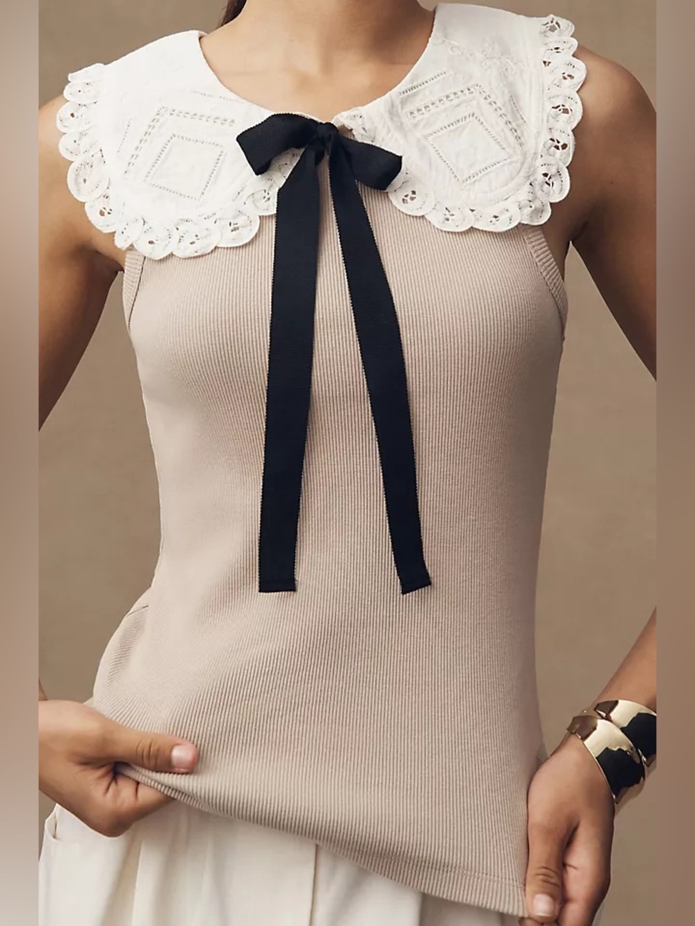 Sleeveless Ribbed Tank with White Eyelet Collar and Black Bow from Anthropologie